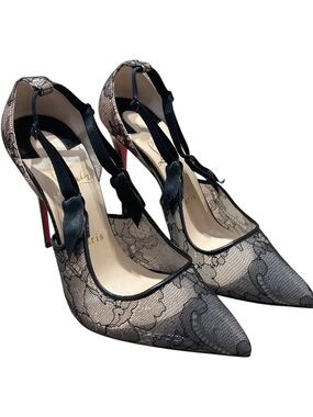 Christian Louboutin Black Lace Pointed Toe Pumps with Red Soles